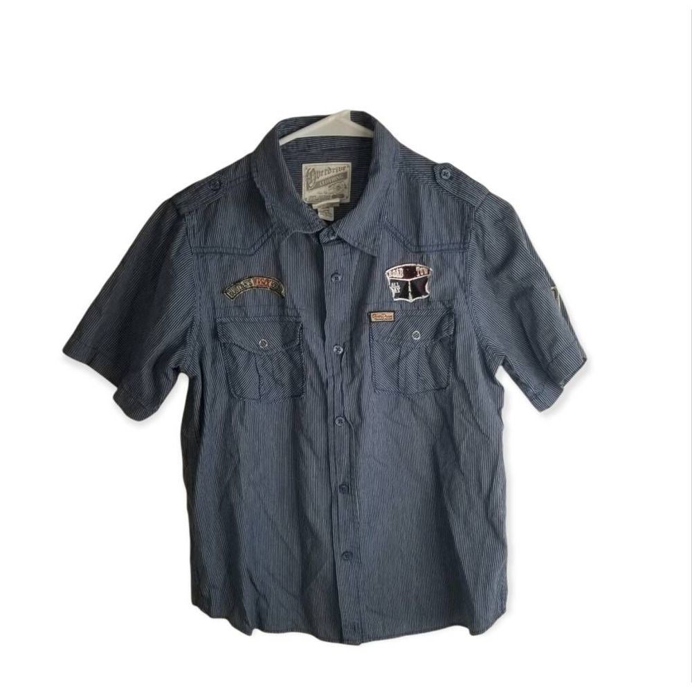 Overdrive Boys Button Front Shirt Blue Striped Collared Flap Pockets Cotton L